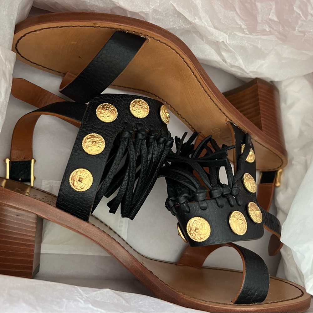 Valentino Sandals  Fringed Leather Gold Medallion Coin. Size marked 37 1/2